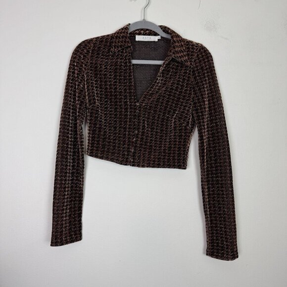 Astr The Label Winslet Copper Metallic Houndstooth faux Button Up Crop Top Sz s - Picture 1 of 5